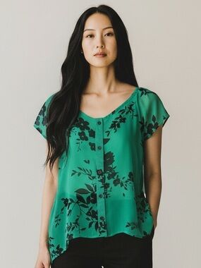 Blue Rain Emerald Green Floral Button-Down Blouse - Size Medium